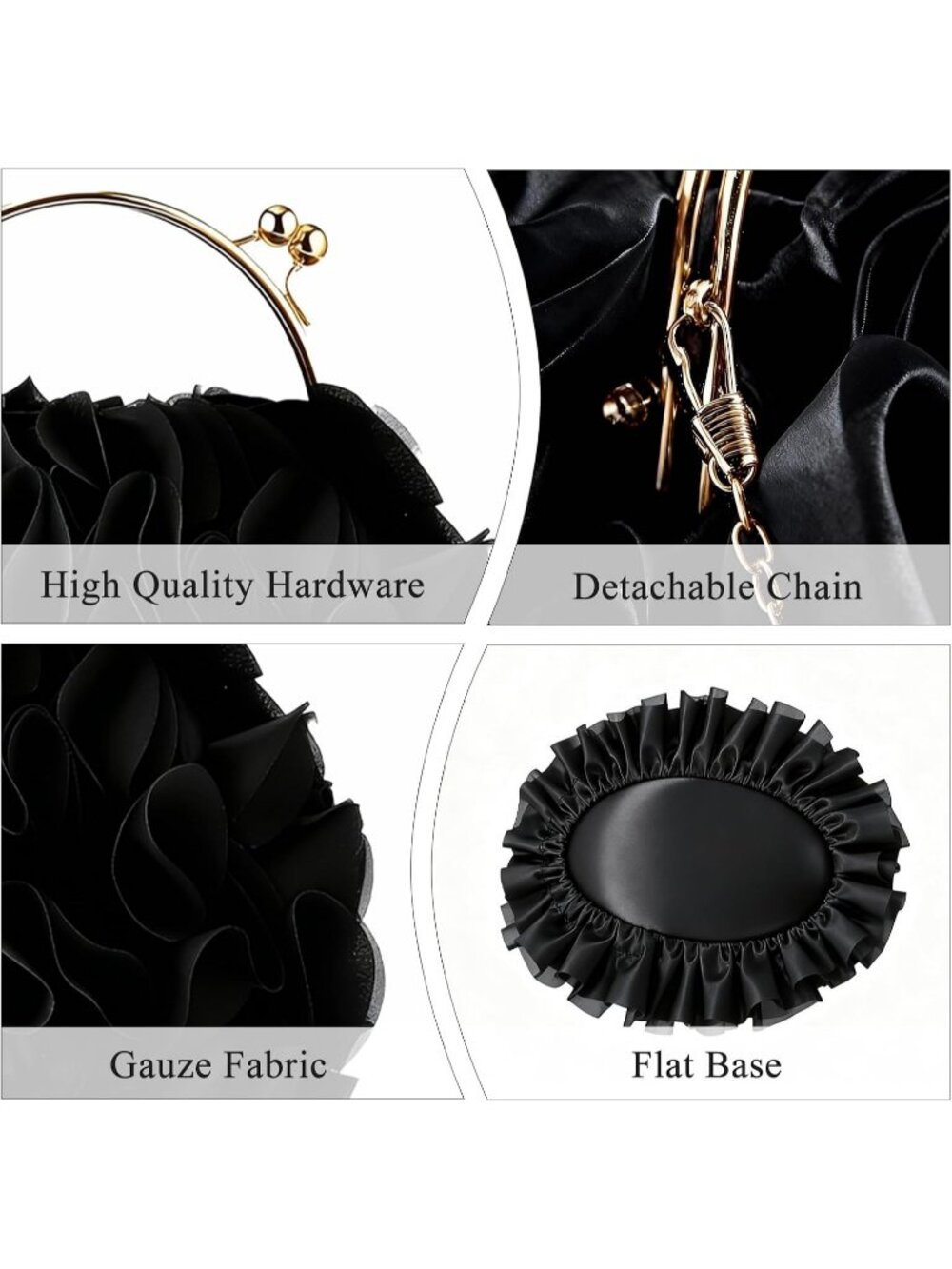 Women's Black Floral Satin Clutch Purse Chain Wedding Party Prom Evening Bag - Picture 4 of 7